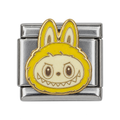 A yellow Labubu head with a playful toothy smile on a silver-tone Italian charm link.