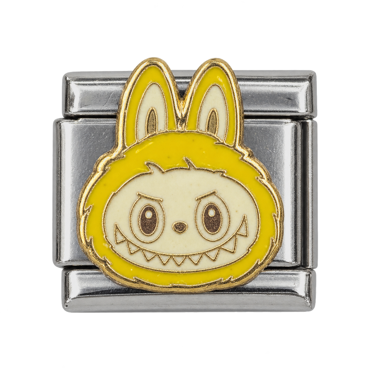 A yellow Labubu head with a playful toothy smile on a silver-tone Italian charm link.