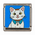 A white cat with a blue bow tie on a bright blue square Italian charm link.