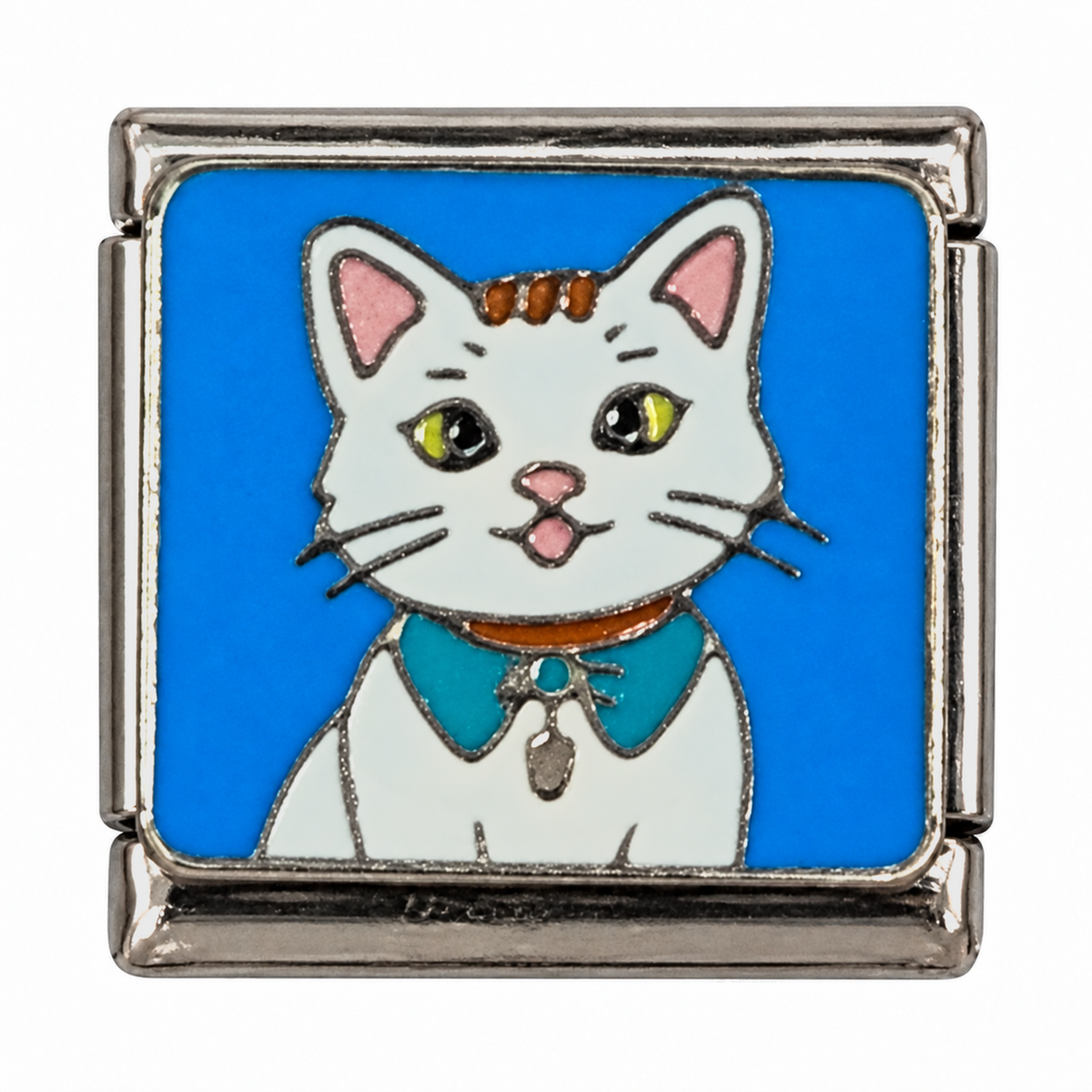 A white cat with a blue bow tie on a bright blue square Italian charm link.