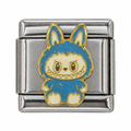 A blue full-body Labubu figure with a cheeky grin on a silver-tone Italian charm link.