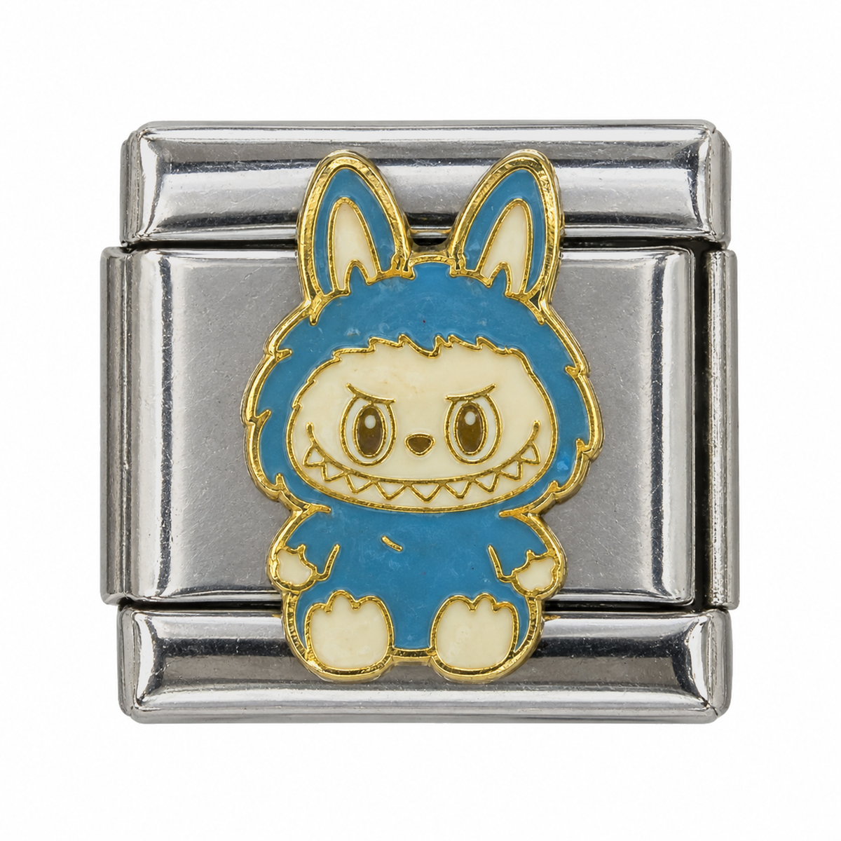 A blue full-body Labubu figure with a cheeky grin on a silver-tone Italian charm link.