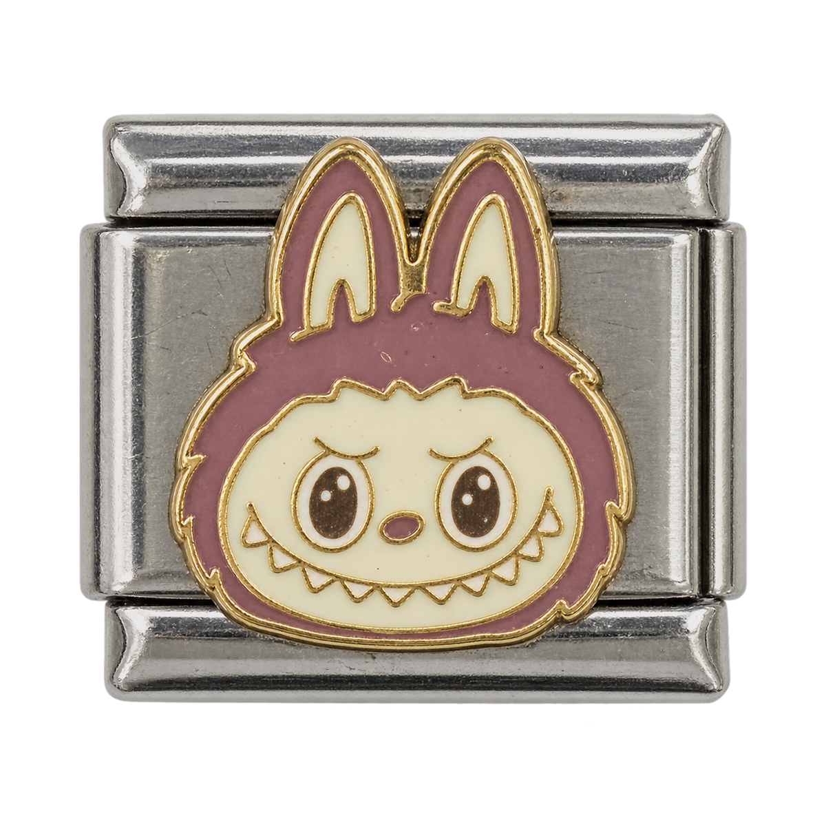 A purple Labubu head with a playful toothy smile on a silver-tone Italian charm link.