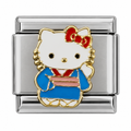 Hello Kitty wearing a blue kimono with a pink sash and red bow on a silver-tone link.