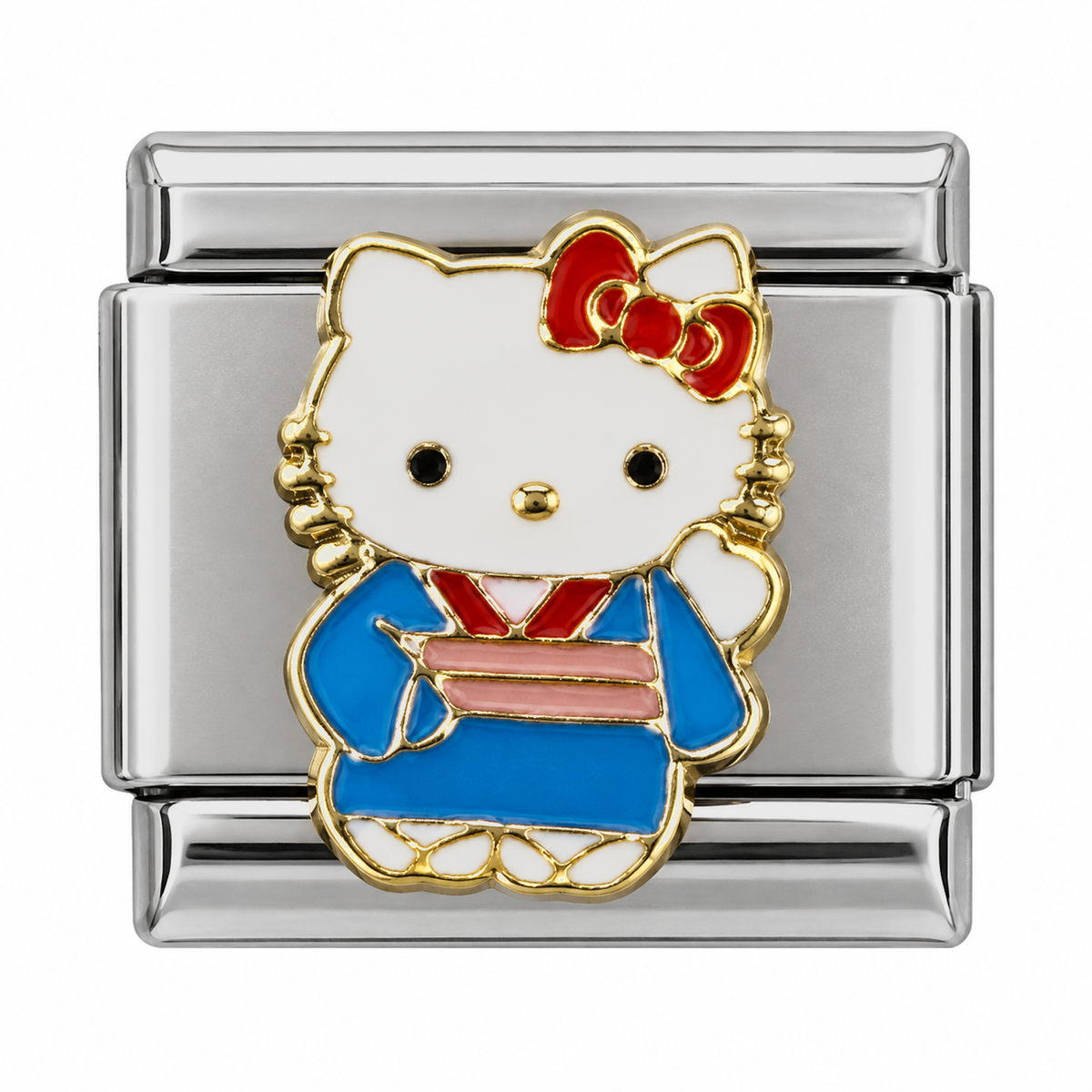 Hello Kitty wearing a blue kimono with a pink sash and red bow on a silver-tone link.