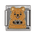 A smiling brown quokka with a camera on a silver-tone link.