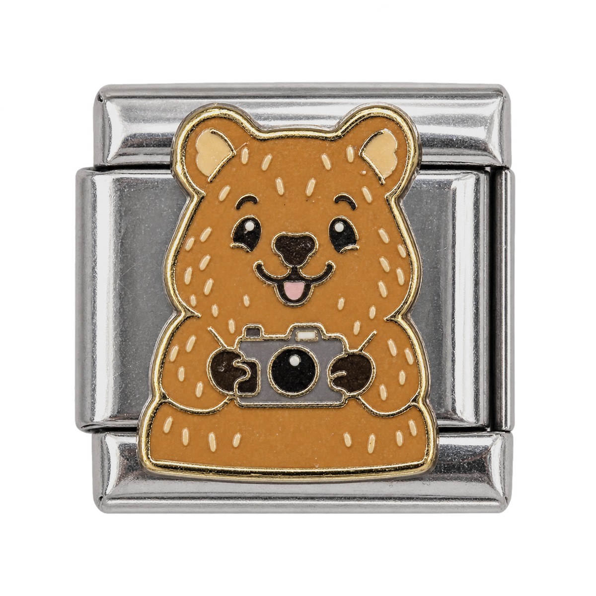 A smiling brown quokka with a camera on a silver-tone link.