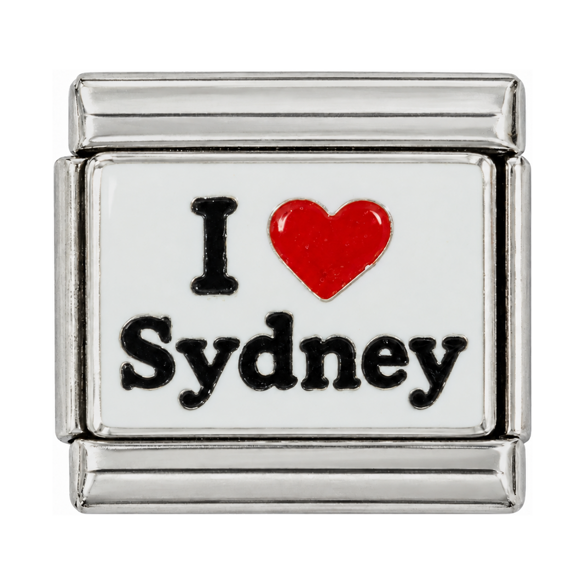 A red heart and Sydney lettering on a white tile.