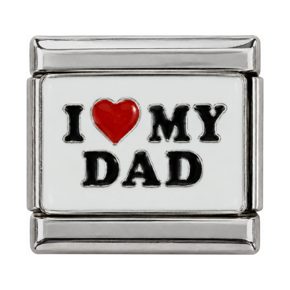 Black lettering and a red heart celebrate Dad on a white tile.