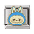 A blue Labubu head with a toothy smile on a silver-tone link.