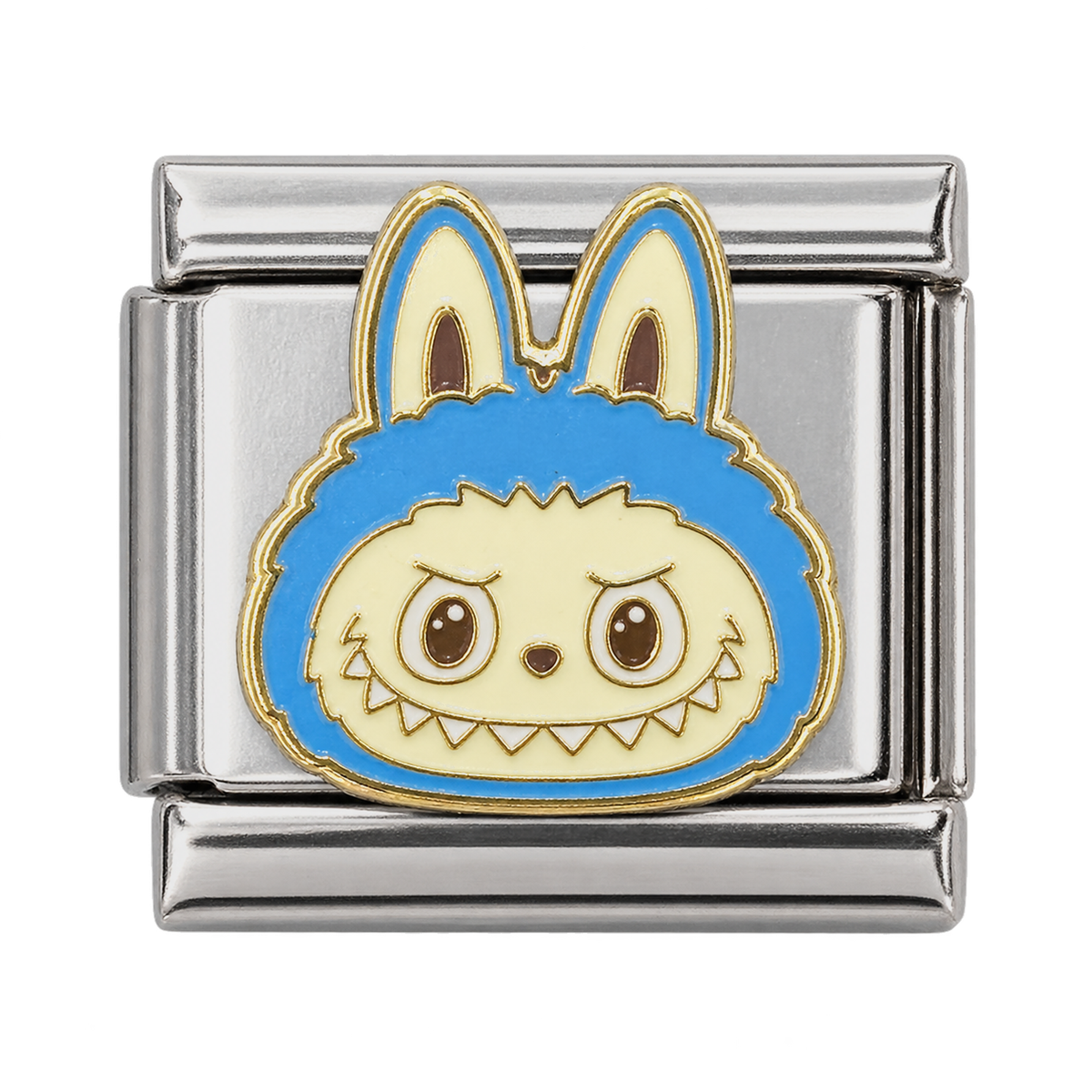 A blue Labubu head with a toothy smile on a silver-tone link.