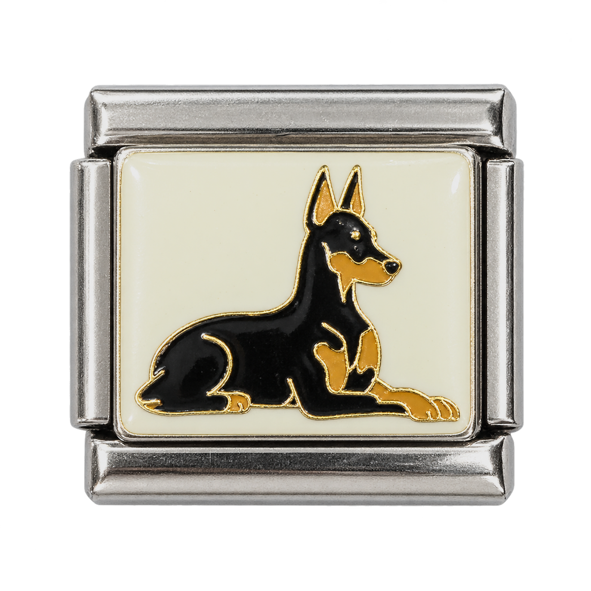 A black and tan Doberman resting on a light enamel tile.