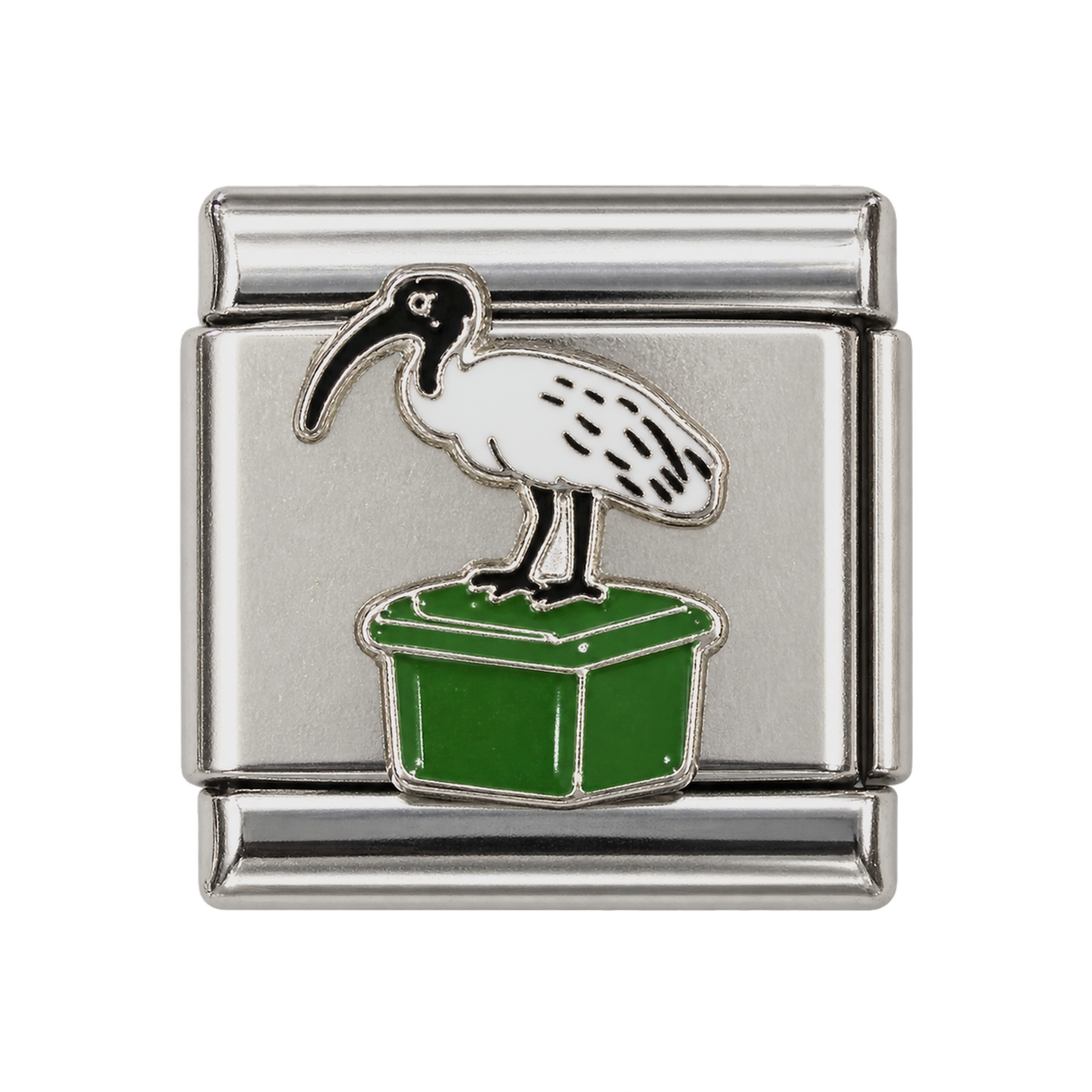 A white ibis perched on a green bin on a silver-tone link.