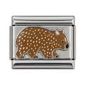 A brown wombat on a silver-tone link.