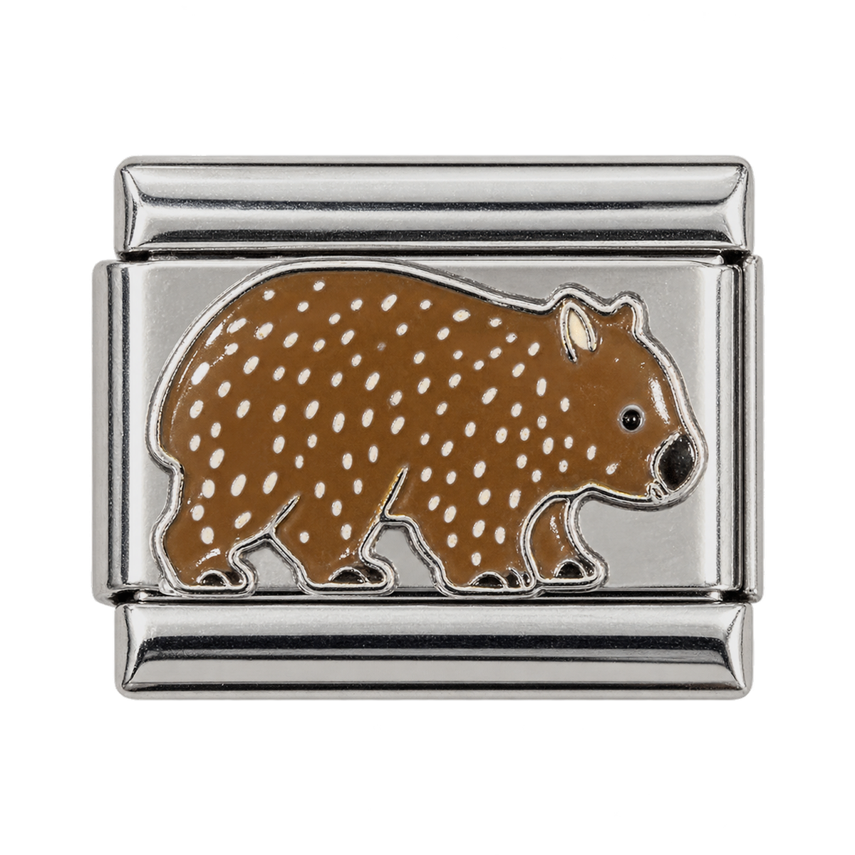 A brown wombat on a silver-tone link.