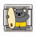 Surfing koala Italian charm in grey enamel with yellow shorts and a cream surfboard on a silver-tone link