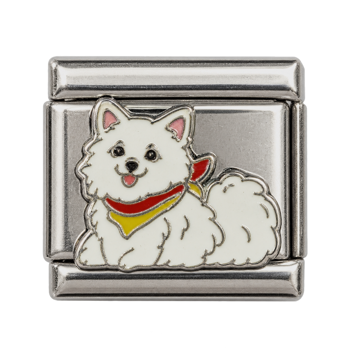 A white dog wearing a colourful bandana on a silver-tone link.