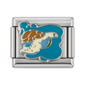 Sea turtle charm with original speckled flipper and brown shell on turquoise enamel, silver-tone link