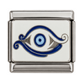 A blue eye with curving outlines on a white enamel tile.