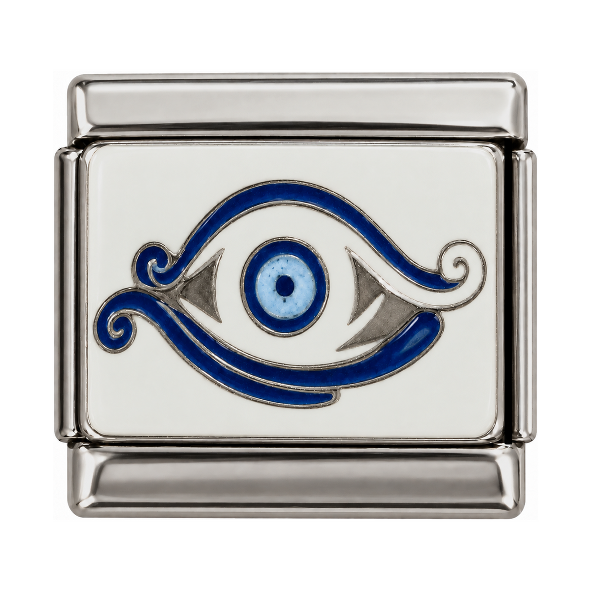 A blue eye with curving outlines on a white enamel tile.