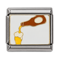 A bottle pouring a golden drink into a glass on a white tile.