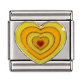 Layered yellow hearts with a tiny red centre on a silver-tone link.