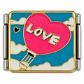 A pink heart balloon with LOVE lettering against a blue sky.