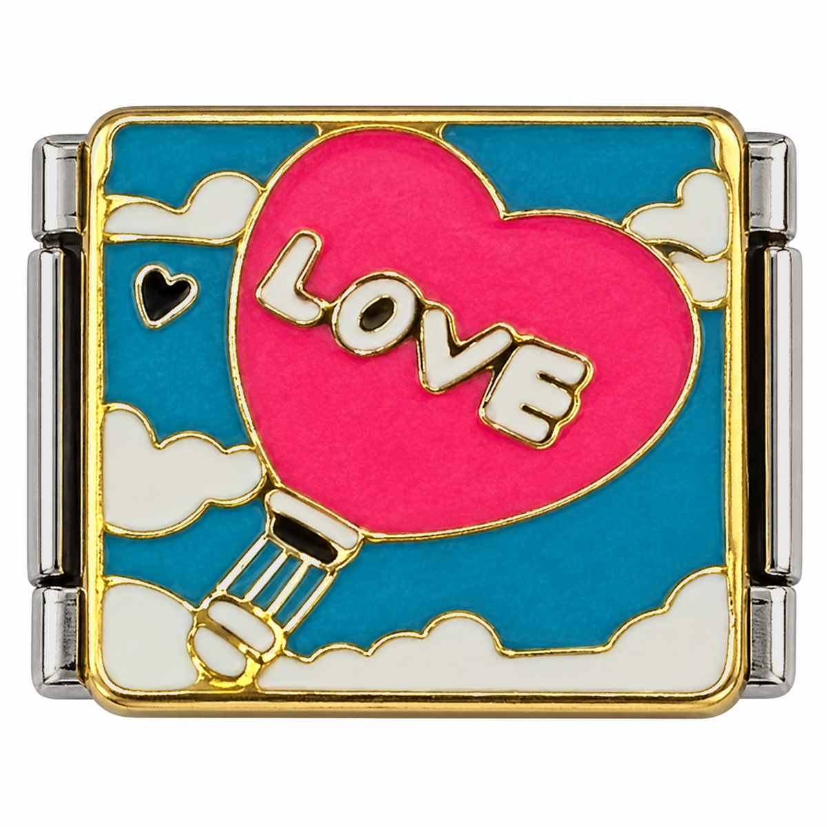 A pink heart balloon with LOVE lettering against a blue sky.