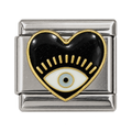 A black heart with an eye detail and gold-tone outline.