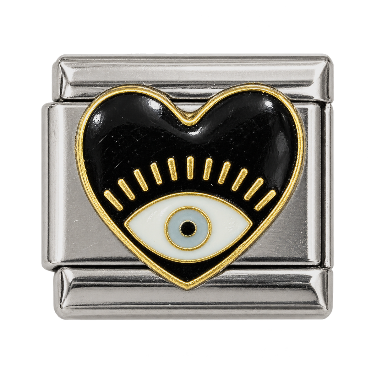 A black heart with an eye detail and gold-tone outline.
