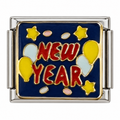 A festive New Year design with stars and balloons on a blue tile.