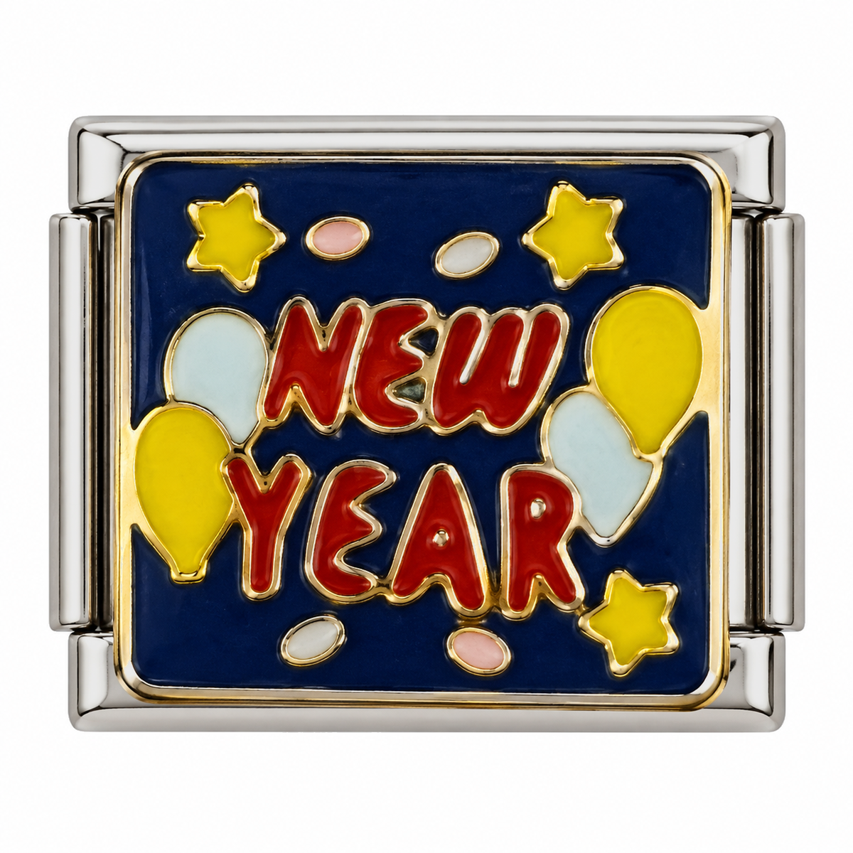 A festive New Year design with stars and balloons on a blue tile.