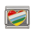 A heart with colourful diagonal stripes on a silver-tone link.