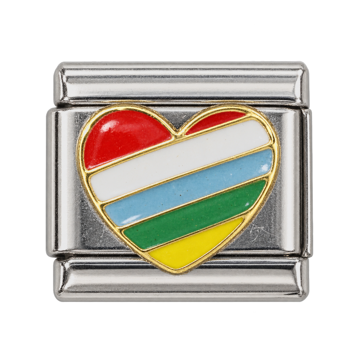 A heart with colourful diagonal stripes on a silver-tone link.
