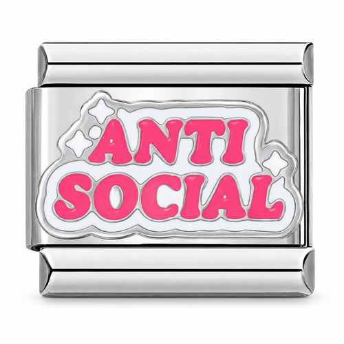 Anti Social charm in silver tone on a white background