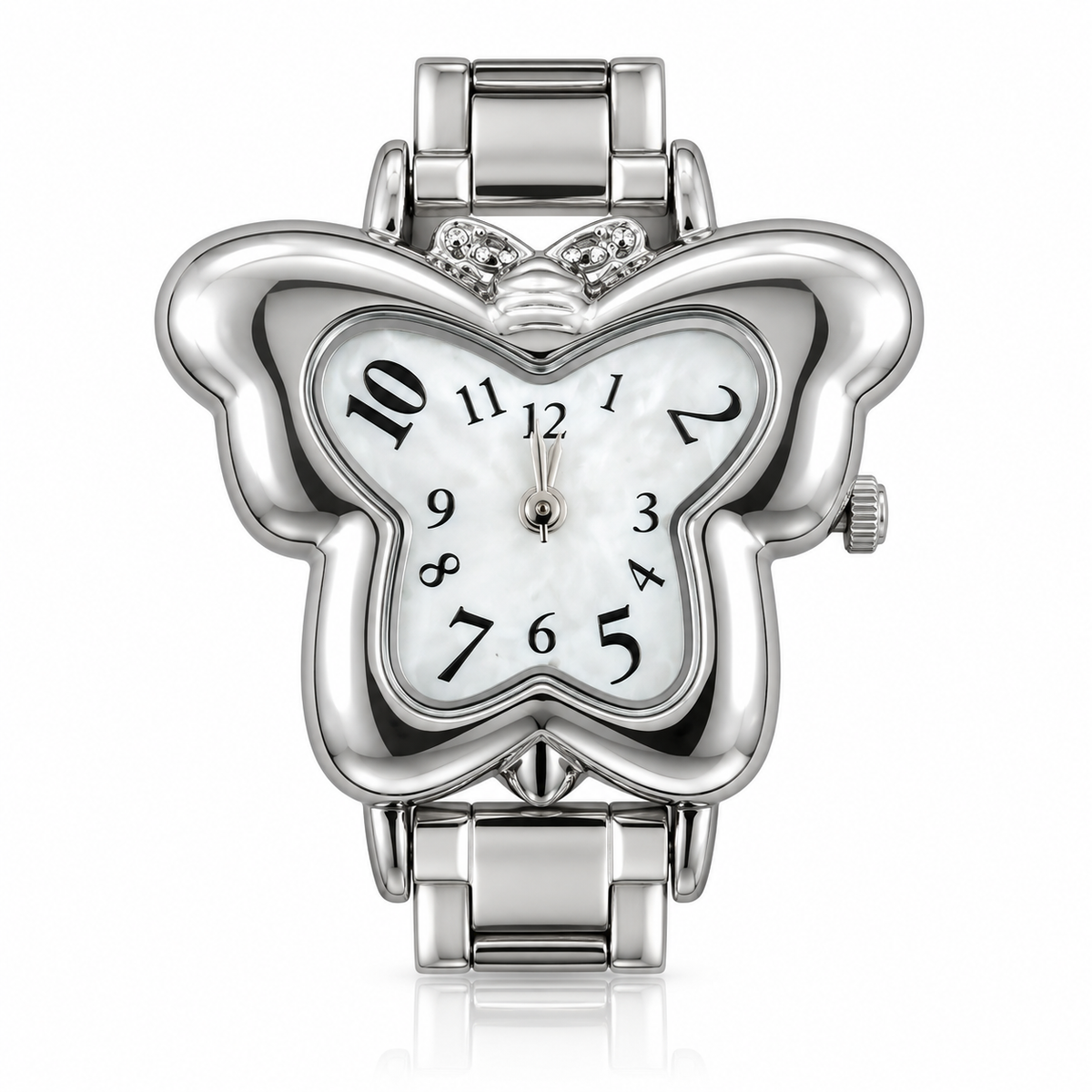 Mira watch head — white dial, silver-tone butterfly-shaped case
