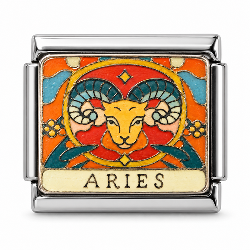 Aries illustrated zodiac charm on a silver-tone link, white background