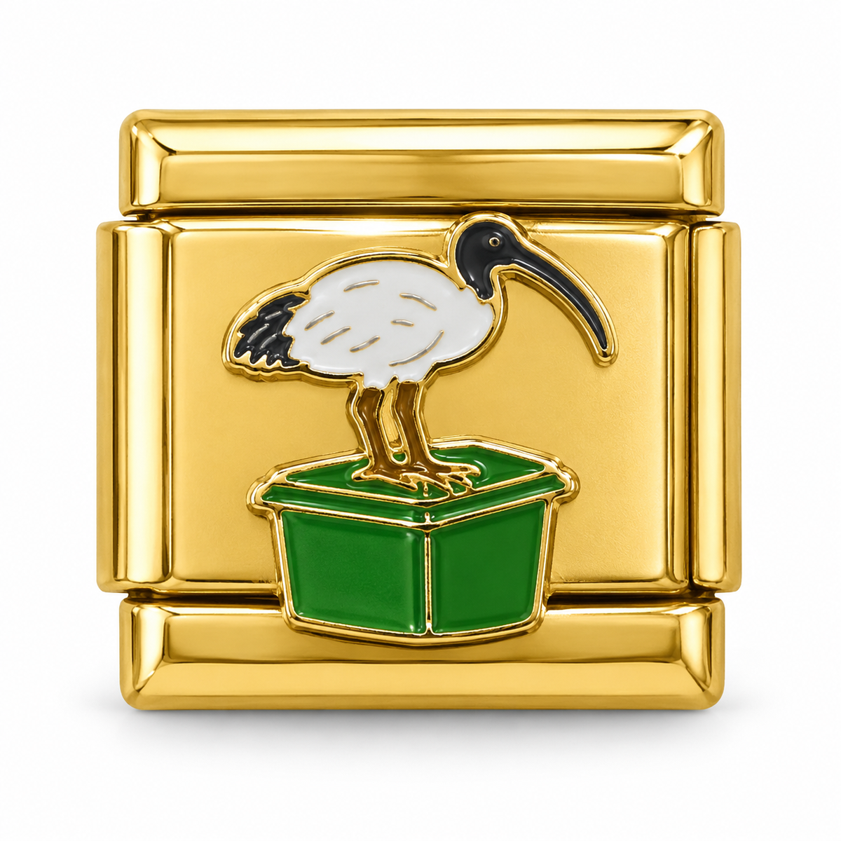 Bin Chicken on a gold-tone Italian charm link, white background
