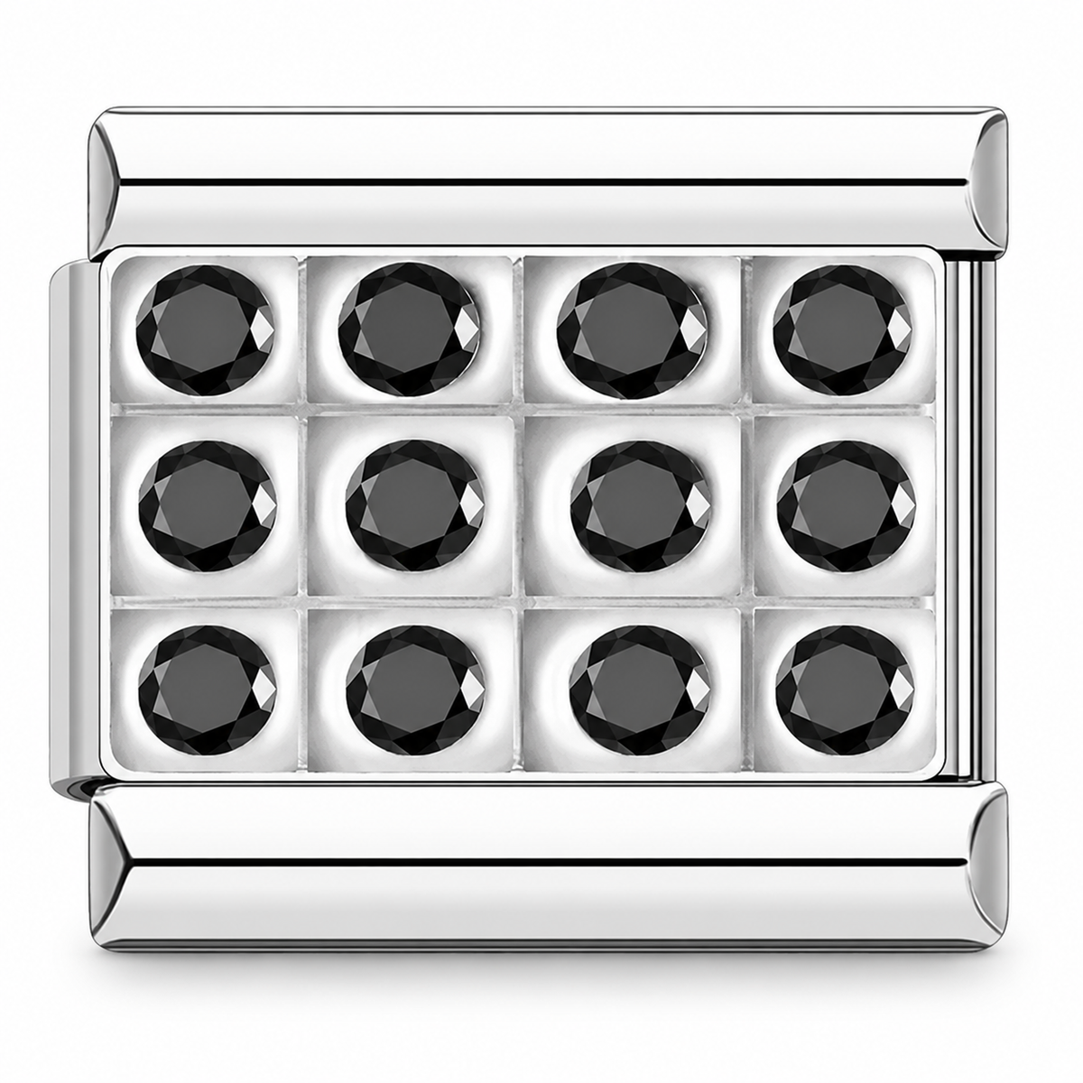 Black Crystal Grid charm in silver tone with twelve faceted stones on a white background