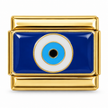 Blue Evil Eye on a gold-tone Italian charm link, white background
