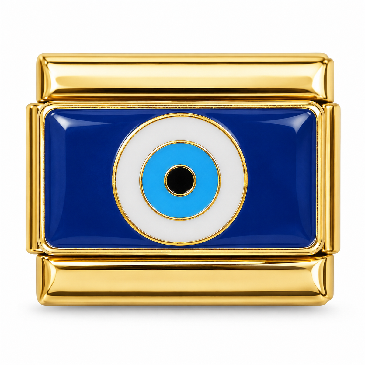 Blue Evil Eye on a gold-tone Italian charm link, white background