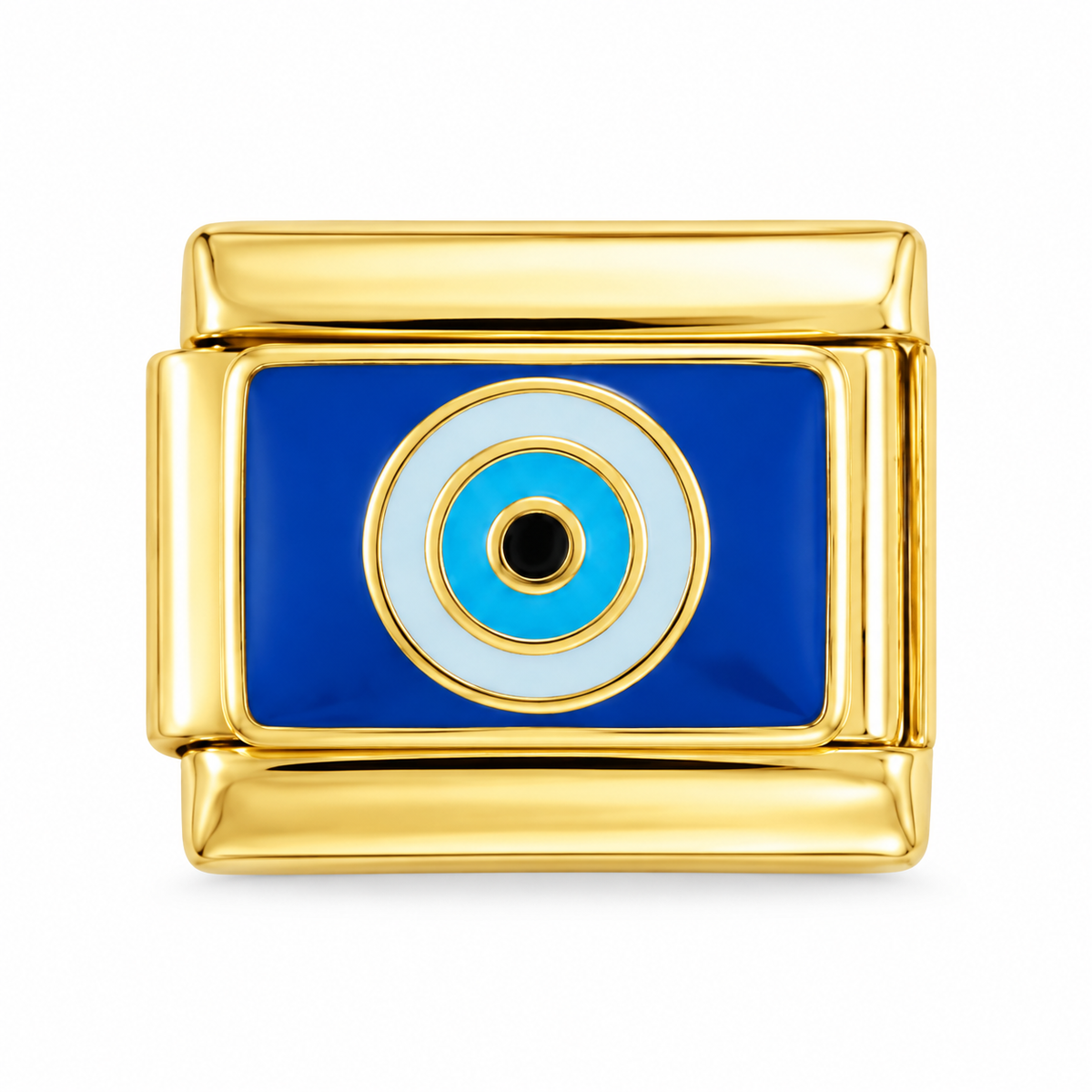 blue evil eye gold Italian charm on a white background