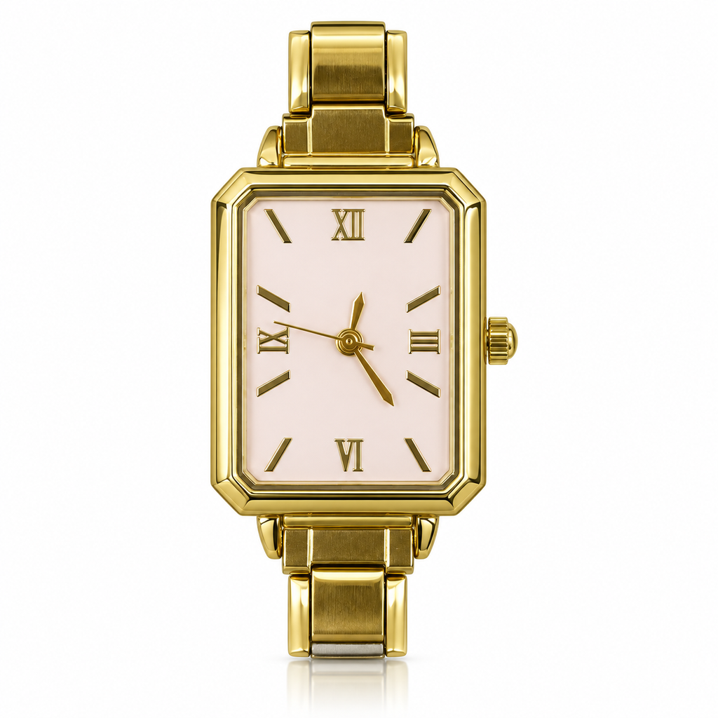 Camille watch head, gold-tone case, pink dial. Watch band not included.
