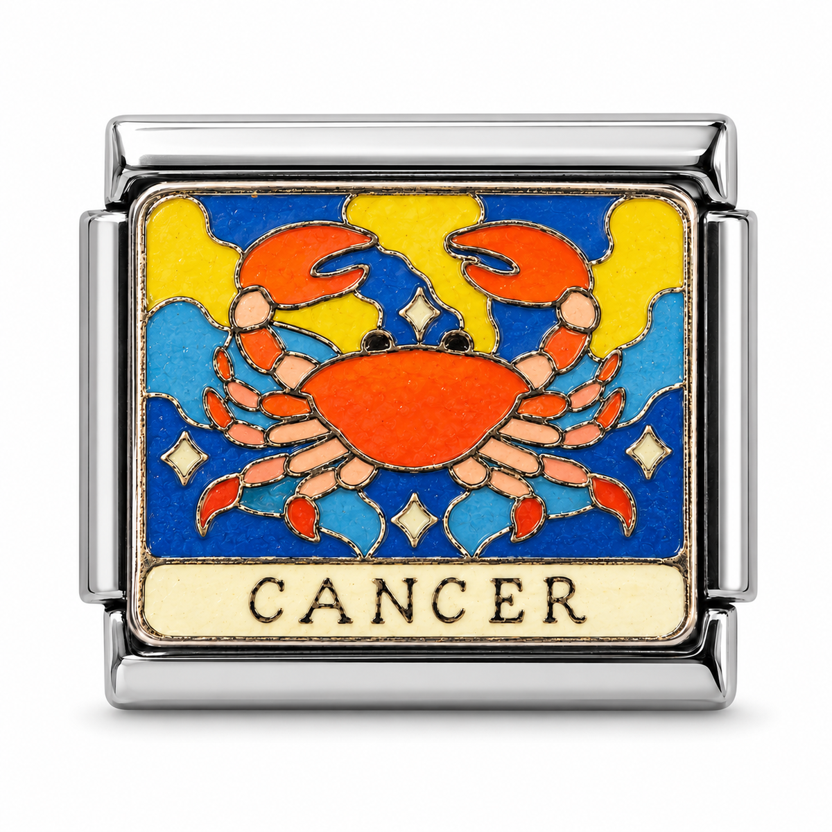 Cancer illustrated zodiac charm on a silver-tone link, white background