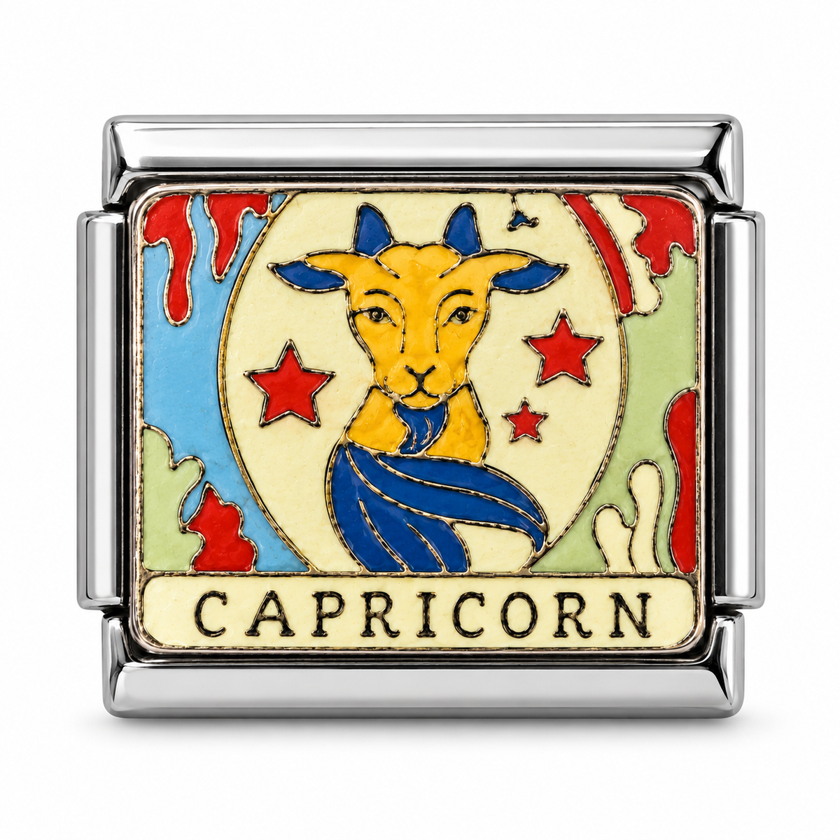 Capricorn illustrated zodiac charm on a silver-tone link, white background