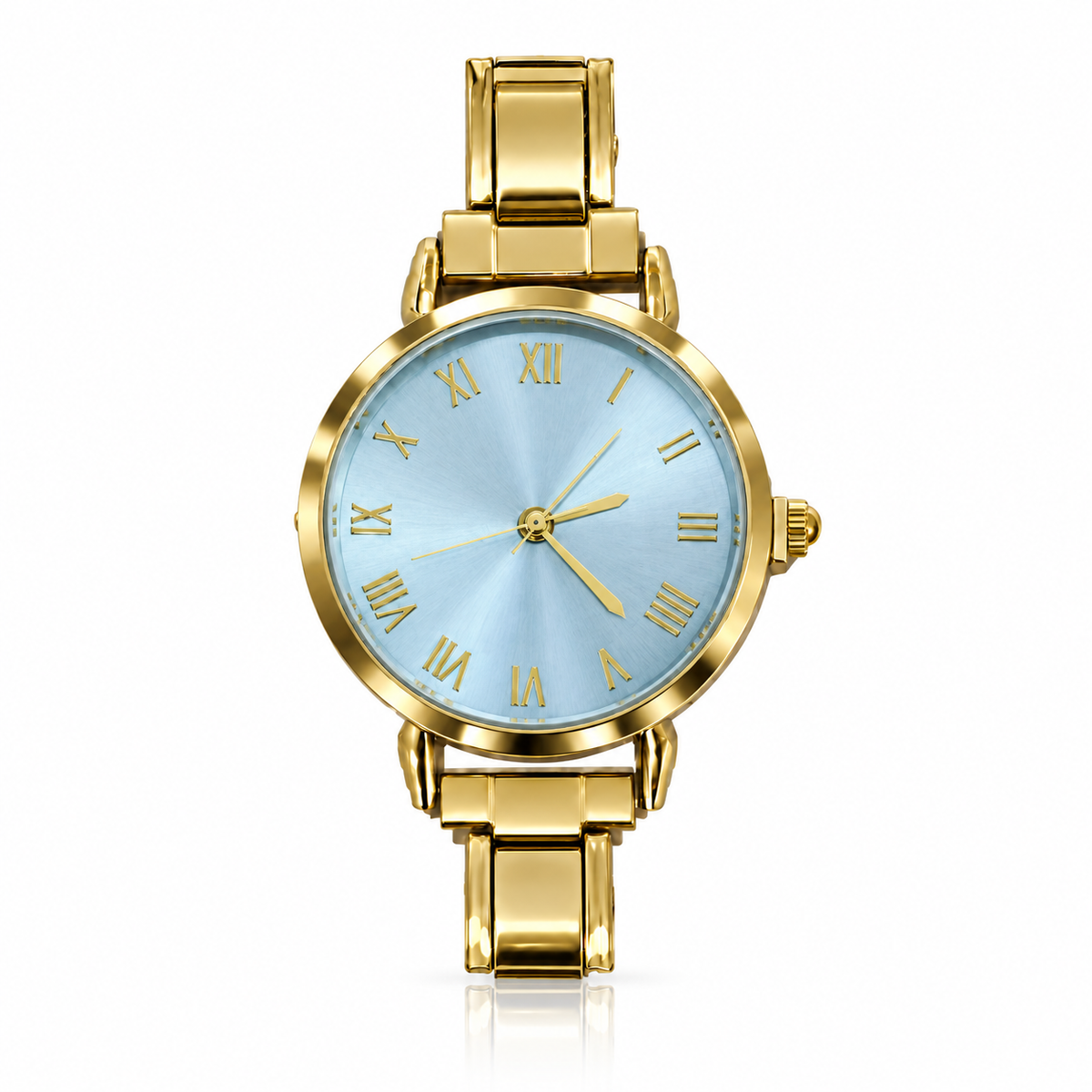 Celeste watch head — light blue sunburst dial, gold-tone case