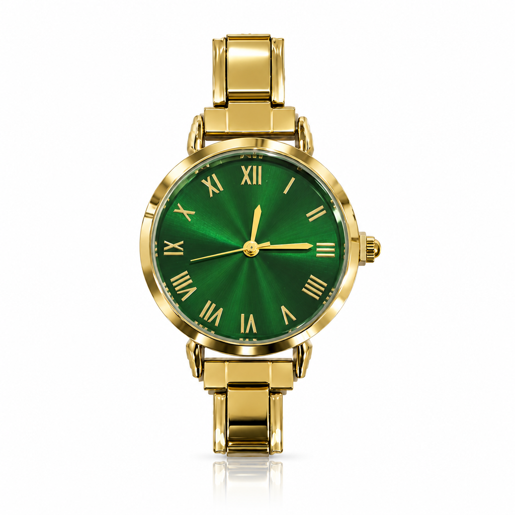 Celeste watch head — green sunburst dial, gold-tone case