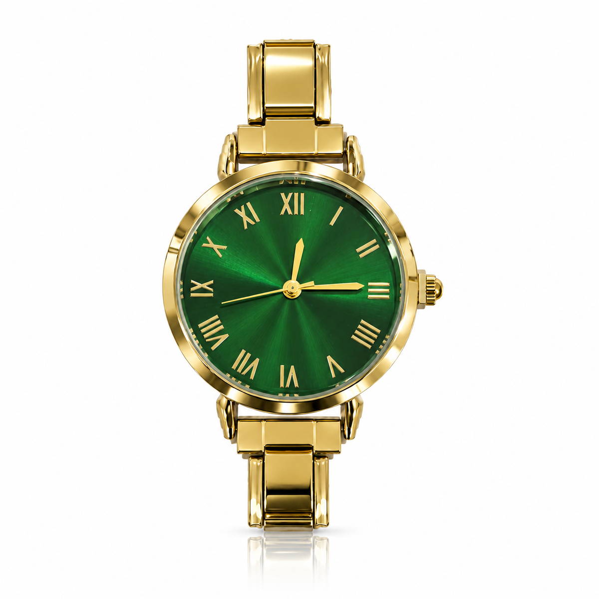 Celeste watch head — green sunburst dial, gold-tone case
