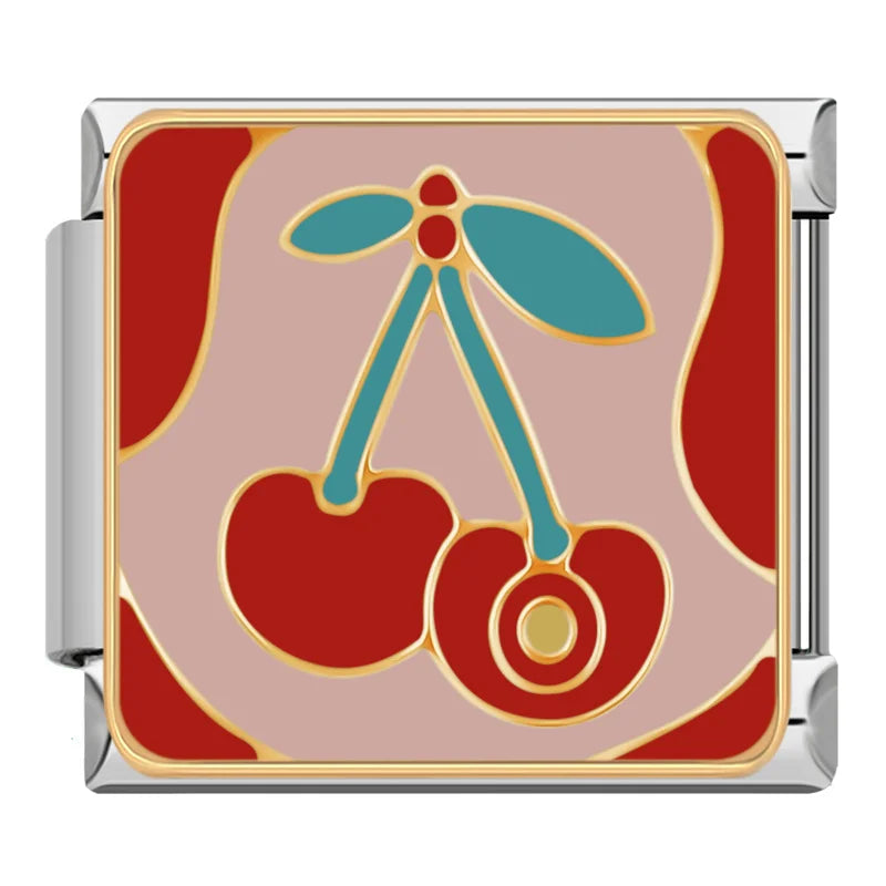 Cherry Pattern Tile — Silver Italian bracelet charm