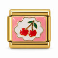 Cherry Plate on a gold-tone Italian charm link, white background